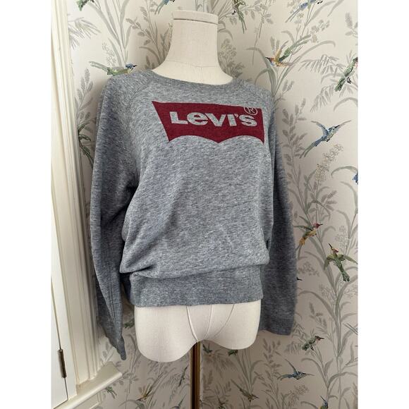 LEVI'S | Crewneck cropped sweatshirt Pullover Jumper top Red logo gray Size L - Picture 1 of 9